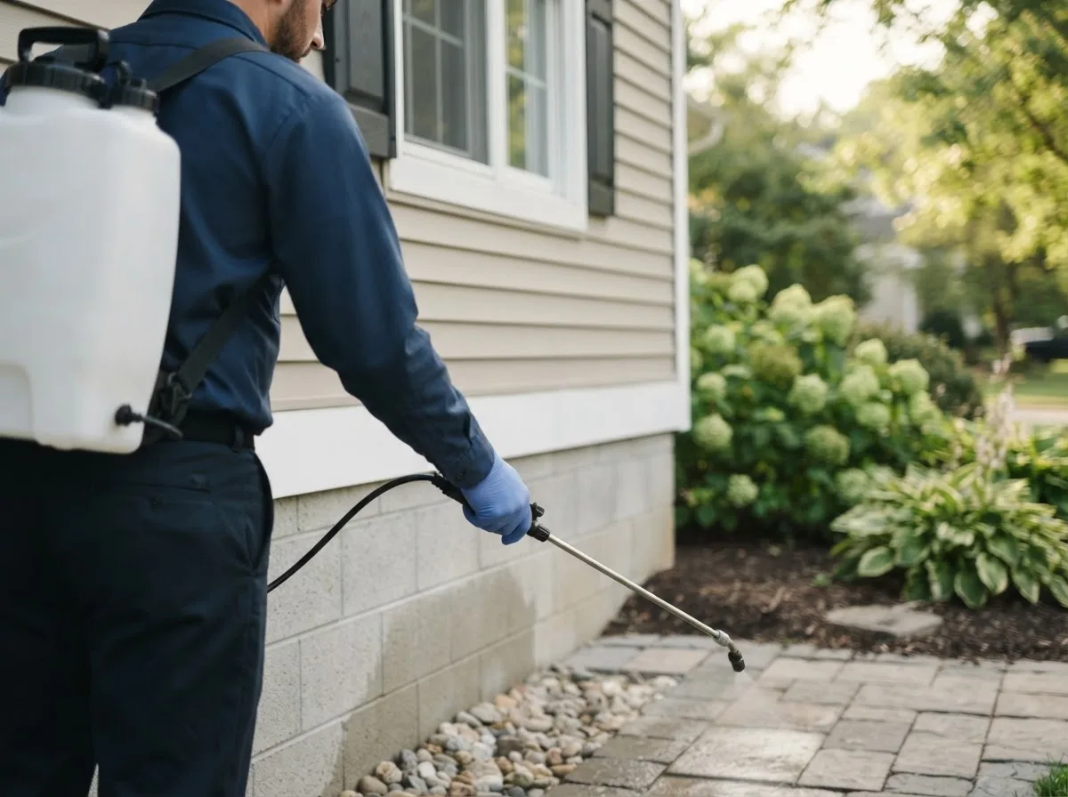 Pest control technician inspecting a home in Alexis, IL
